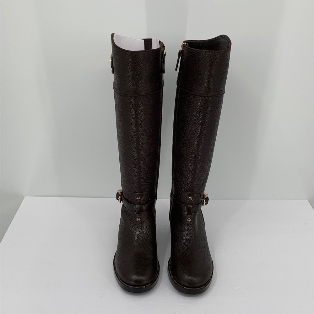 Tory Burch Teresa riding tall boots coconut brown leather zipper logo new 7.5 - Picture 3 of 7